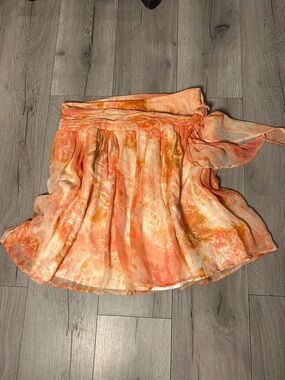 Women’s 12P Orange Watercolor Print Flowy Mini Skirt 100% Silk Abstract Boho